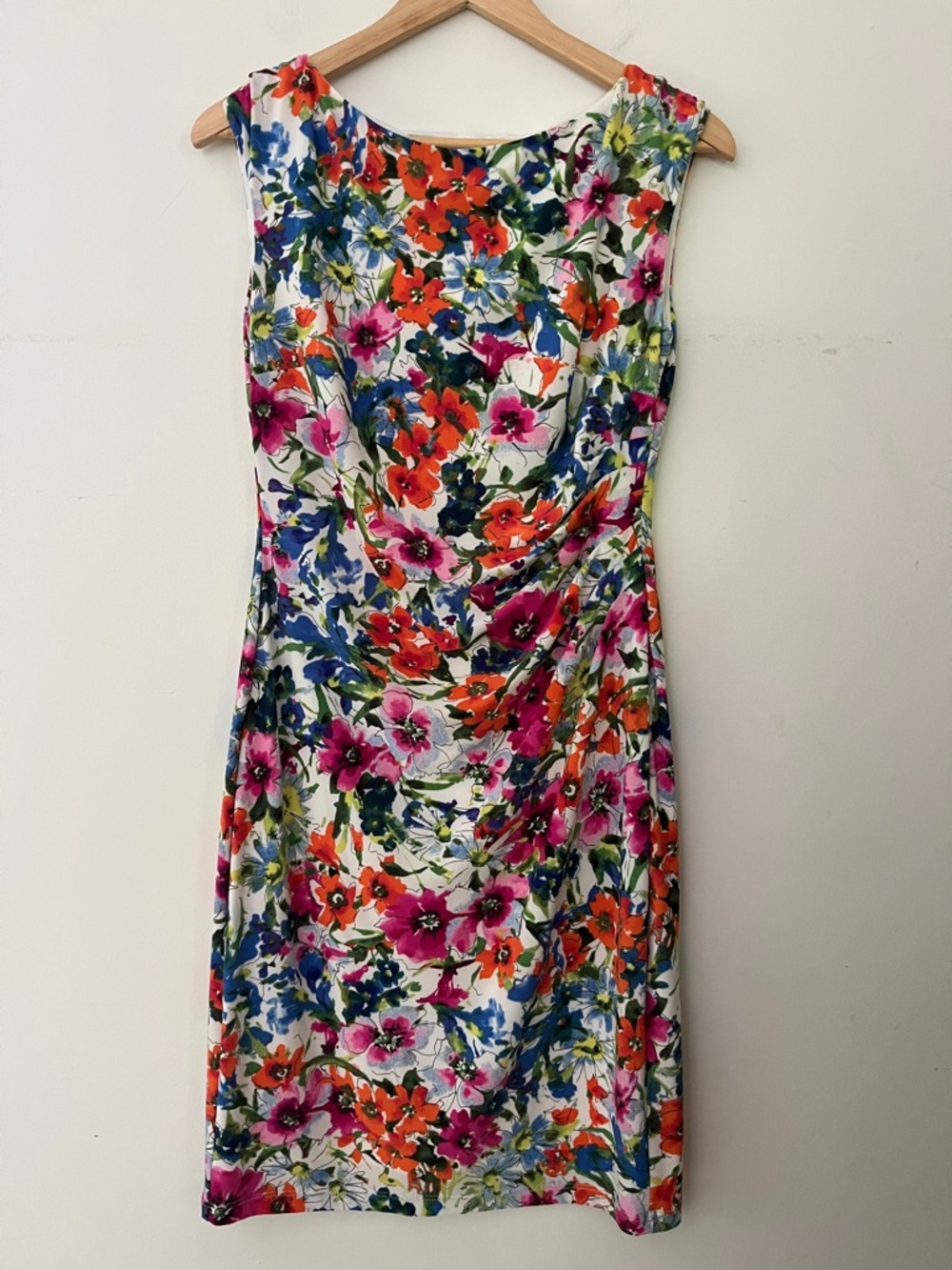 Ralph Lauren Floral Midi Dress with Pink, Orange and Blue Flowers cinched waist